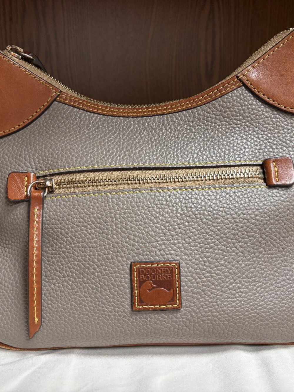 Dooney & Bourke Pebbled Leather Crossbody Bag Gray Brown Trim DB Logo Purse